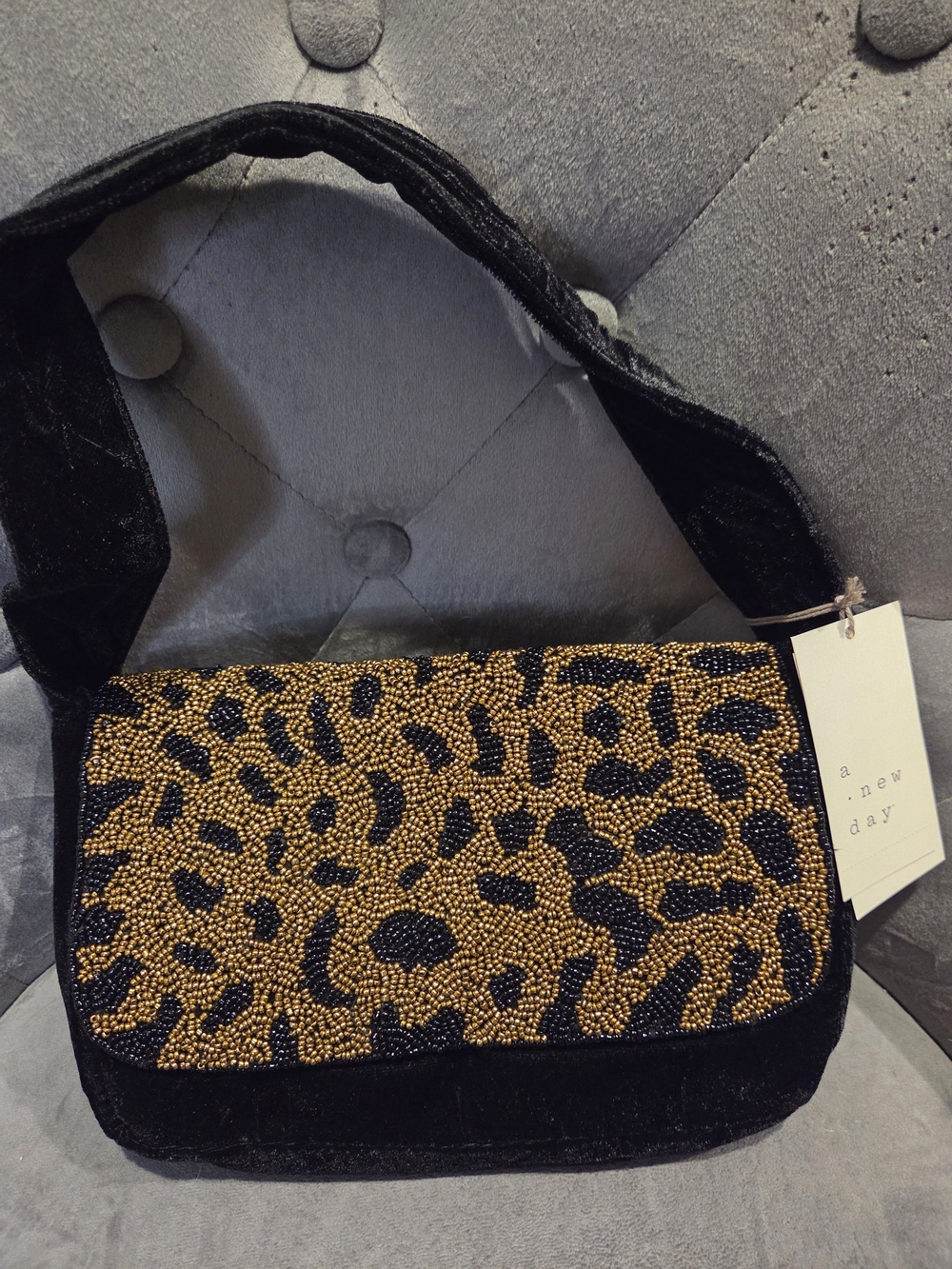A New Day Leopard Beaded Velvet Shoulder Bag in Gold & Black